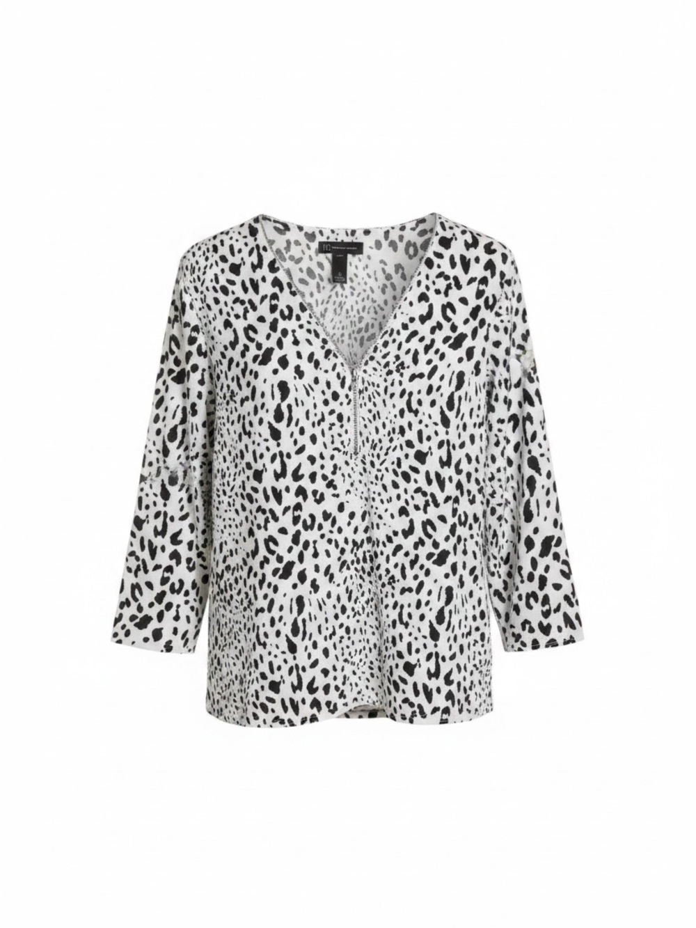 INC International Concepts Black & White Leopard-Print V-Neck Long Sleeve Top